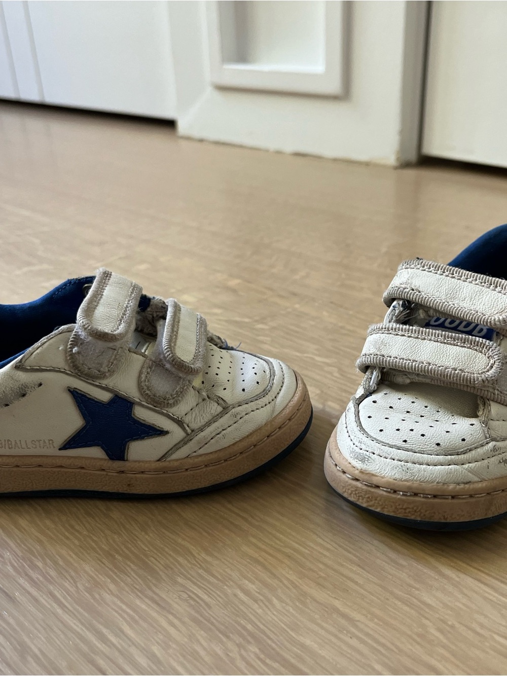 Golden Goose White Kids Velcro Sneakers with Blue Star Accent